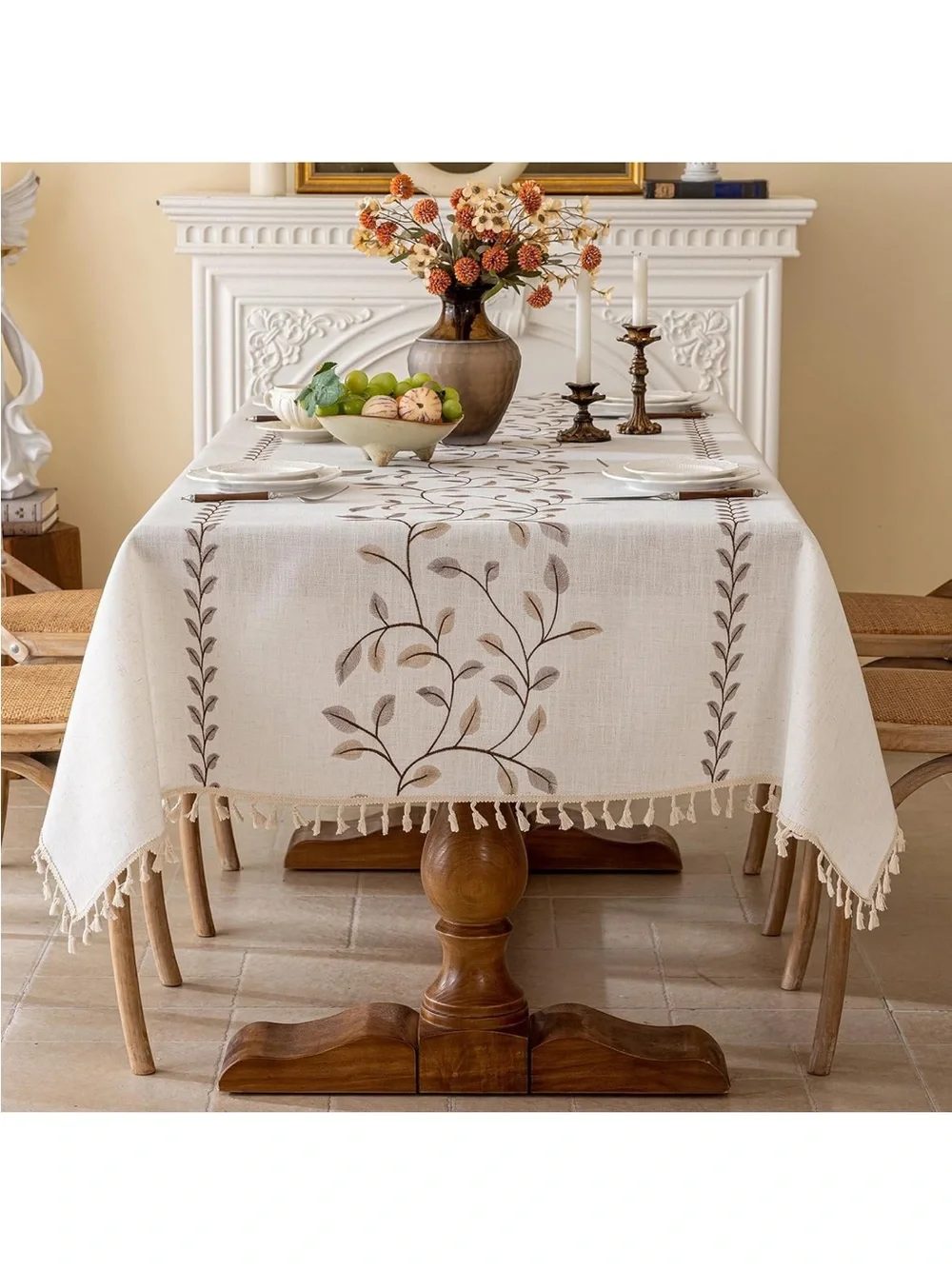 NEW Rectangle Linen, Farmhouse Embroidery Leaves Tablecloth with Tassels